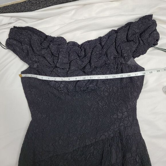 VINTAGE 80s black dress off‎ shoulder embossed gathered cocktail M - Picture 10 of 13